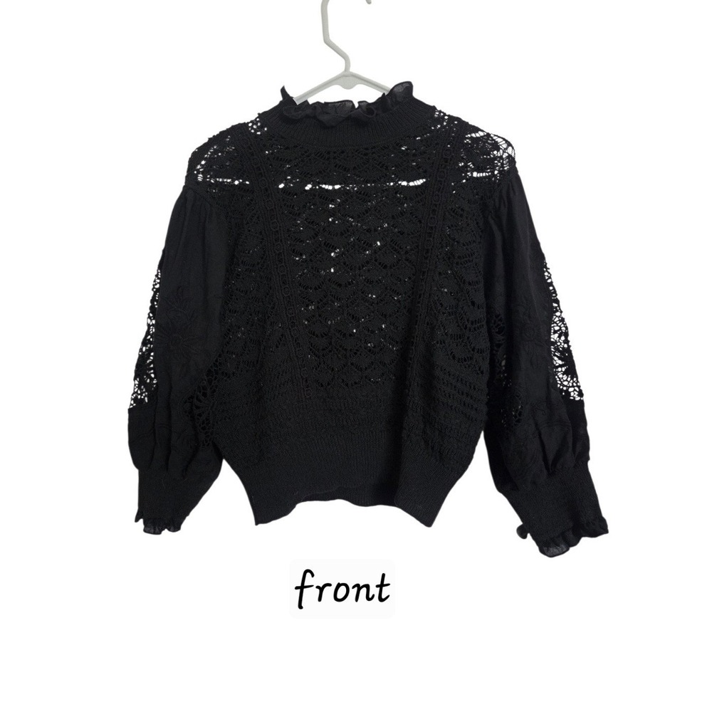 ZARA Crop Crochet Open Knit Sweater S Black High Neck Boho Sheer Puff sleeves
